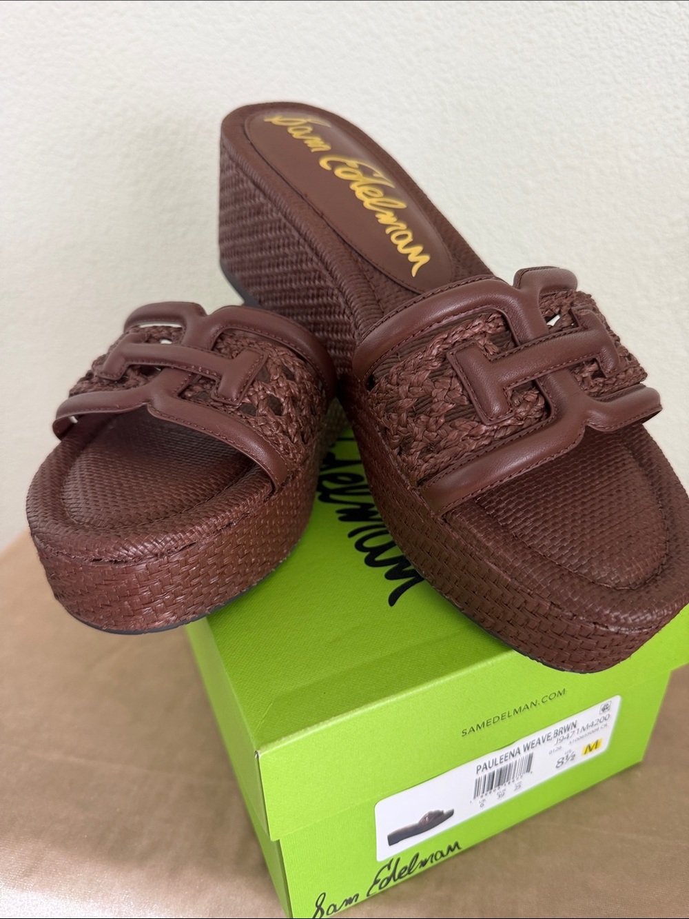 SAM EDELMAN Chocolate Brown Woven Wedge Slide Sandals NWT SIZE 8.5